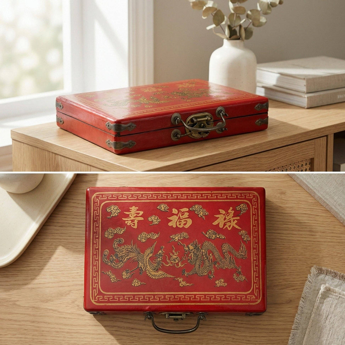 WE Games Traditional Chinese Mahjong Set Travel Size, Red Leatherette Travel Case with Ornate Dragon Design, 144 Tiles 24mm White Tiles