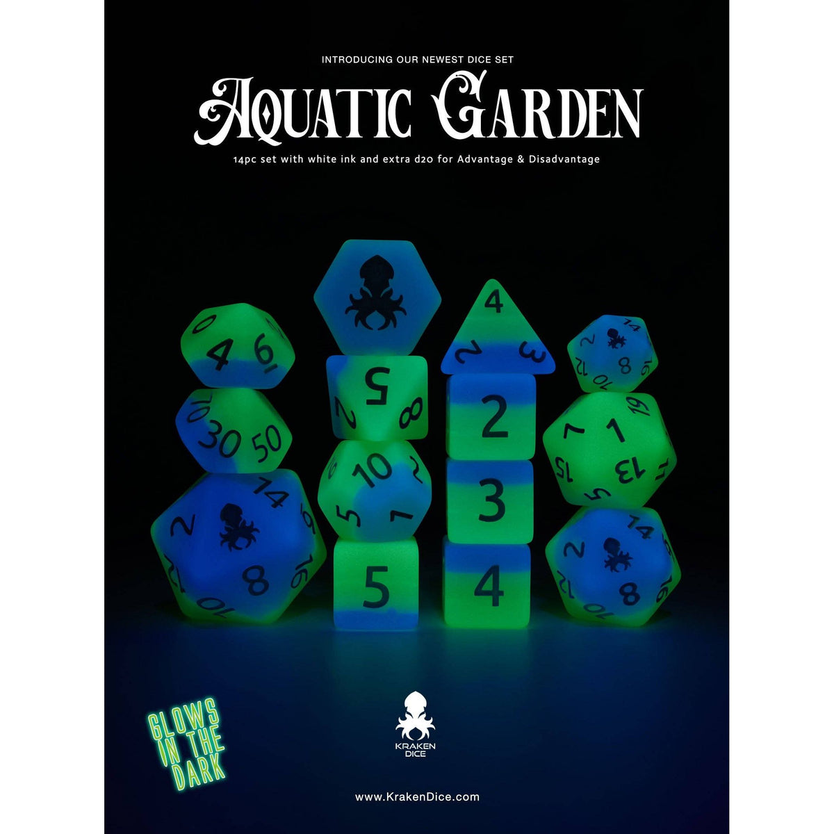 Aquatic Garden 14pc Glow in the Dark Dice Set Inked in Blue