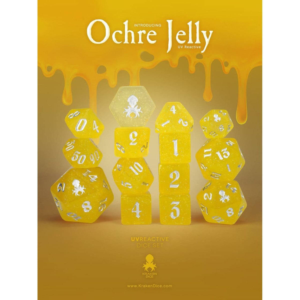 Ochre Jelly UV Reactive 14pc Dice Set inked in Silver