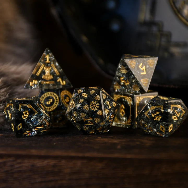Misty Mountain - Nordic Black: Dice Around the World Collection - 7-set Shattered Glass Dice
