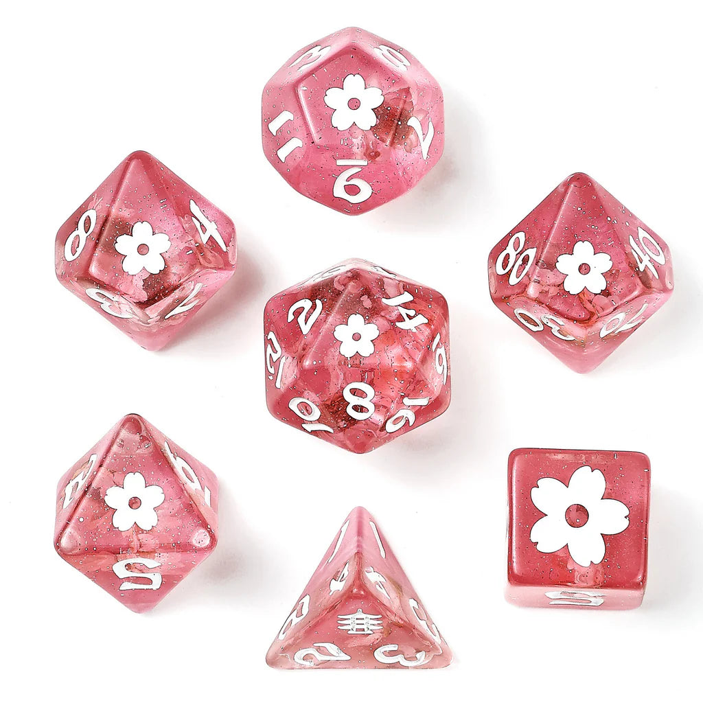 Wyrmforged Rollers: White Ink Sakura Blossom Rounded Edge 7 Piece Polyhedral Dice Set