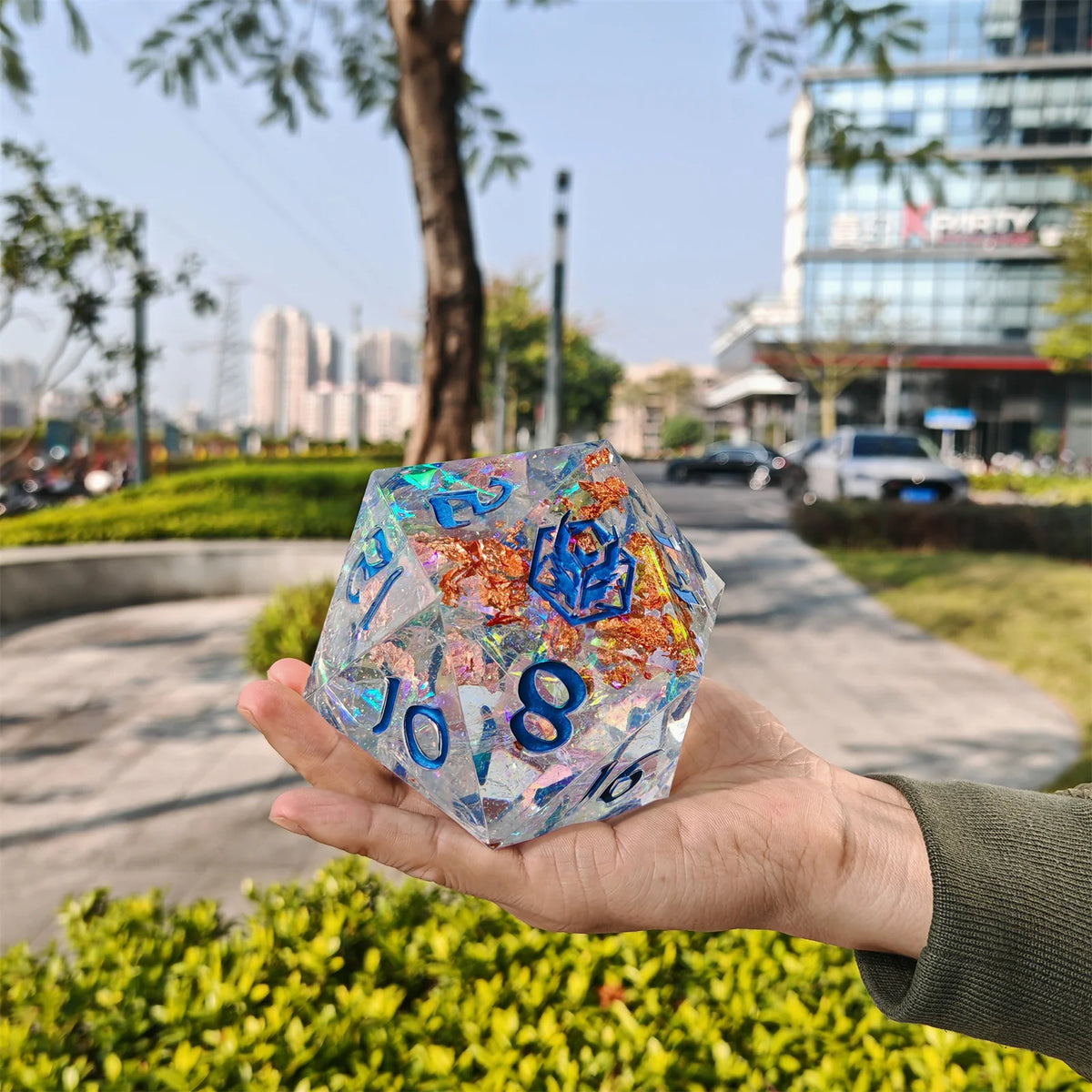 Captured Magic Chonk D20 100mm - Opal with Blue Ink