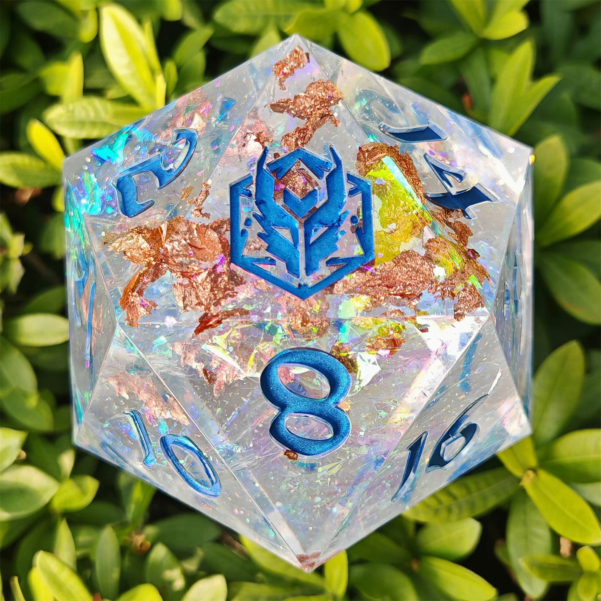 Captured Magic Chonk D20 100mm - Opal with Blue Ink