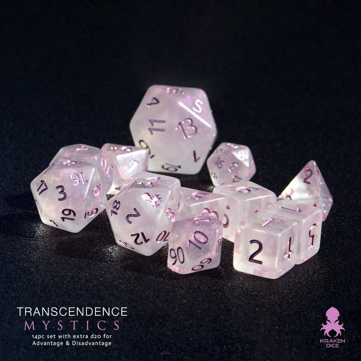 Transcendence Metallic Mauve Ink Mystics 14pc Dice Set With Kraken Logo
