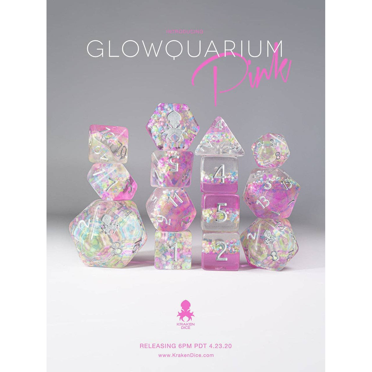 Glowquarium Pink 14pc Polyhedral Dice set with Glow in the Dark Particles