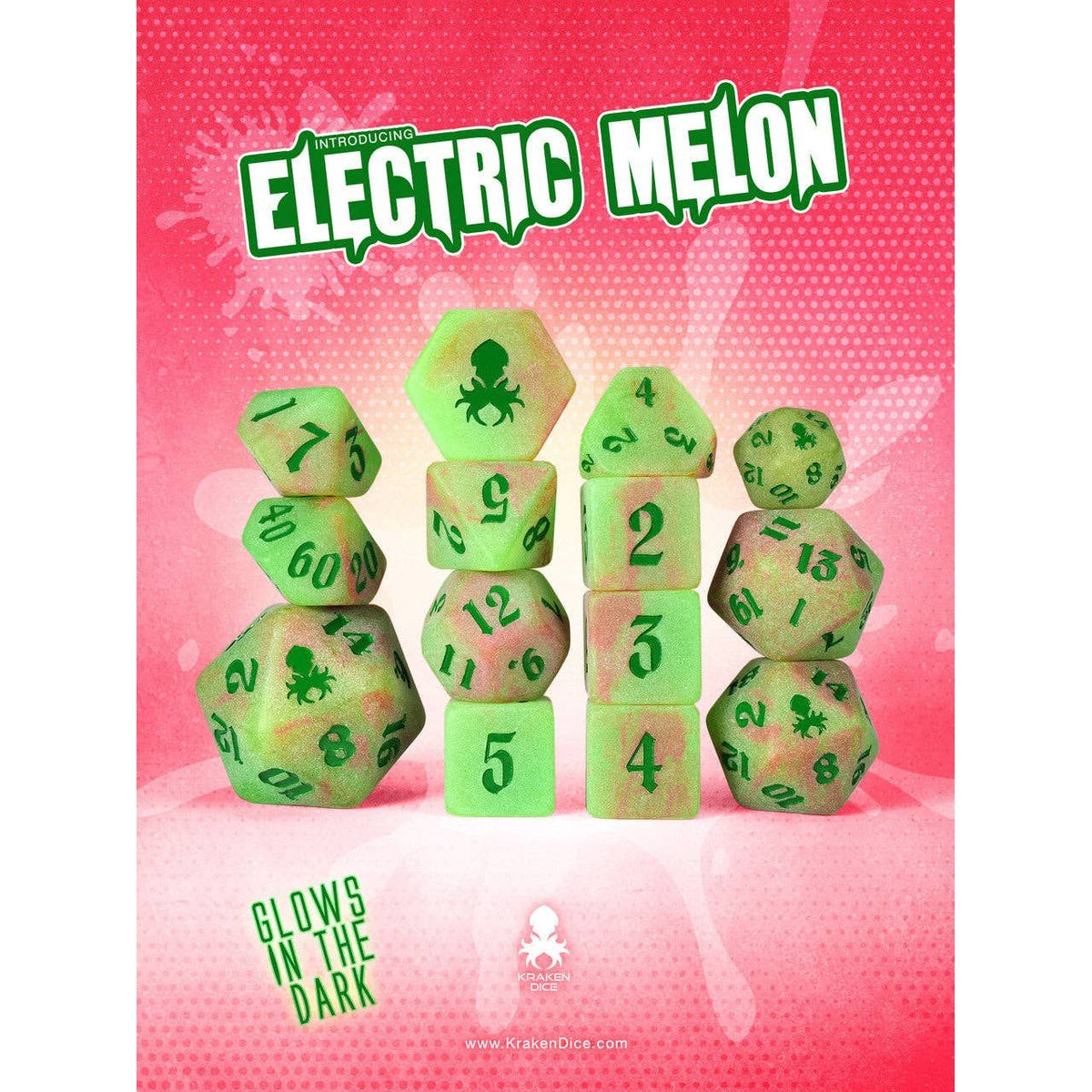 Electric Melon Glow in the Dark 14pc Dice Set inked in Green